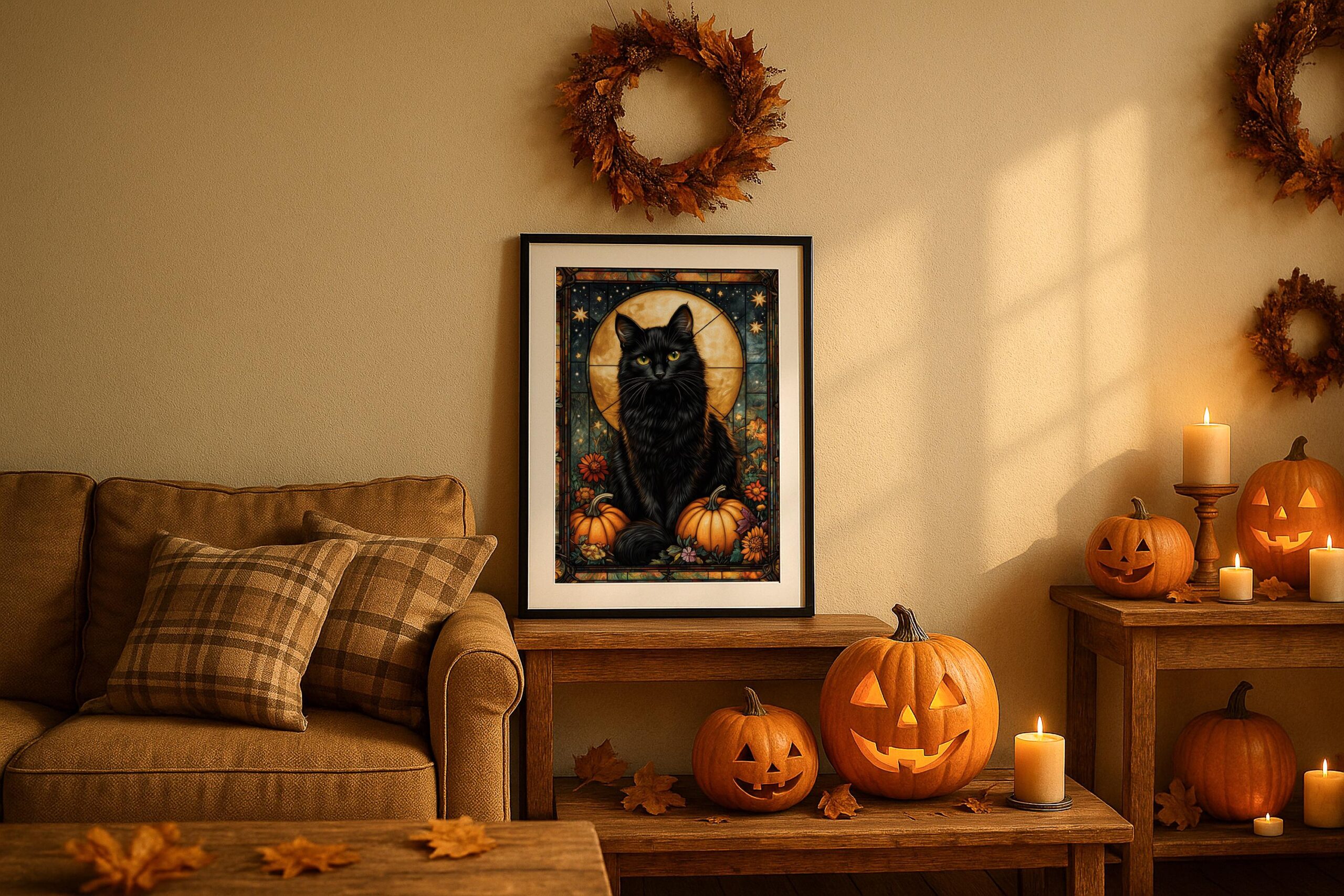 Black Cat Halloween Wall Art, Stained Glass Gothic Print, Acrylic or Aluminium - Image 2