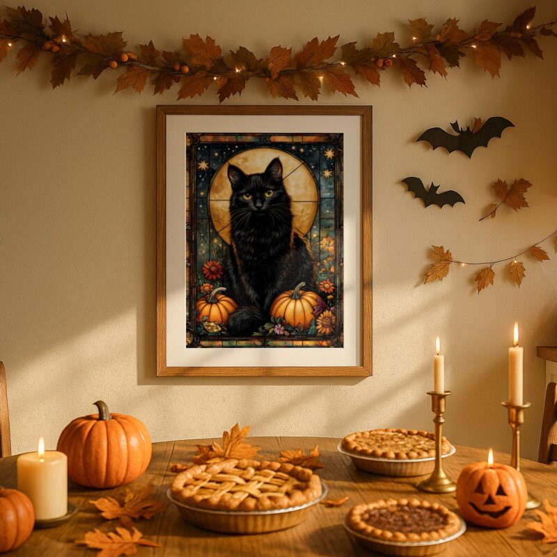 Black Cat Halloween Wall Art, Stained Glass Gothic Print, Acrylic or Aluminium