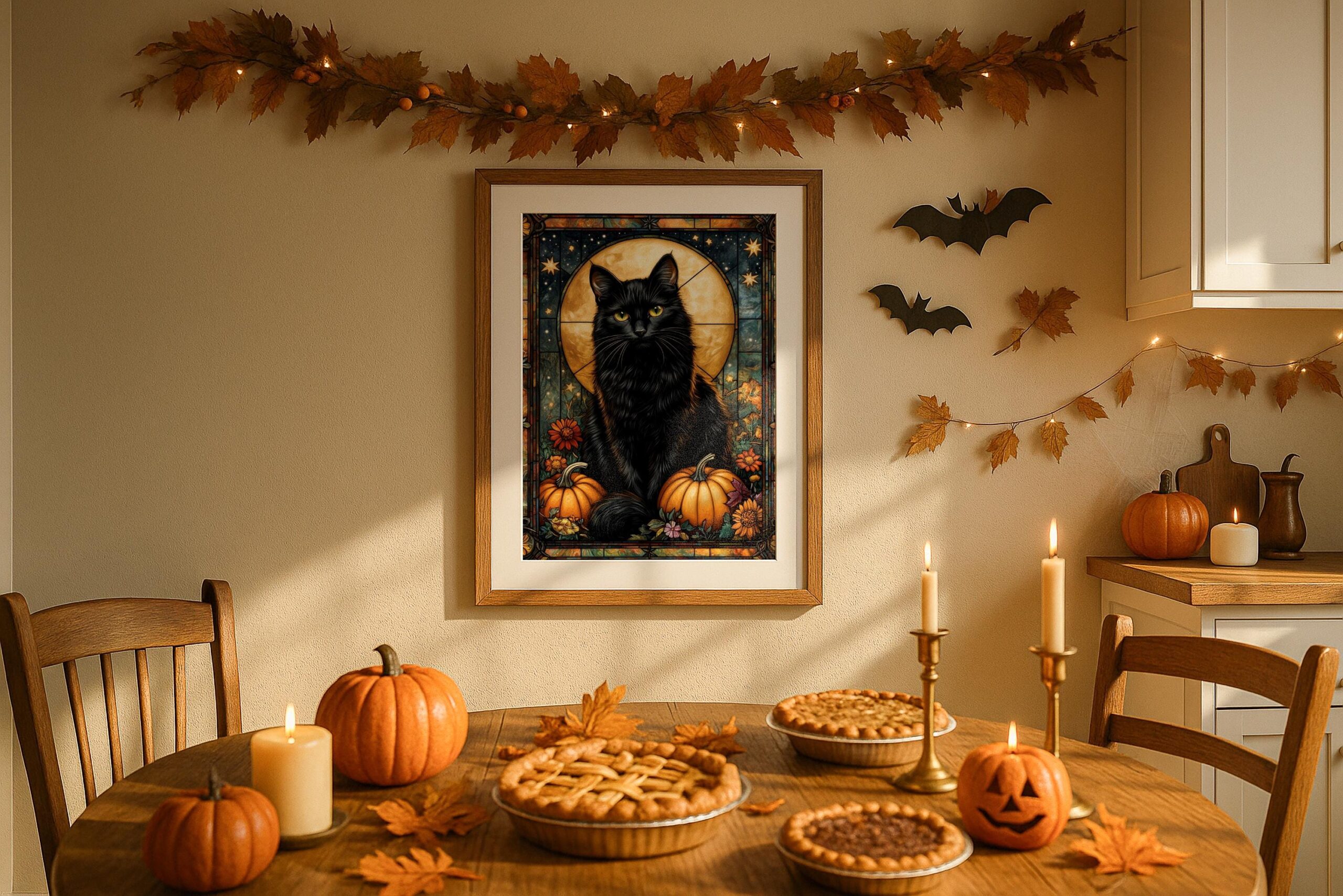 Black Cat Halloween Wall Art, Stained Glass Gothic Print, Acrylic or Aluminium