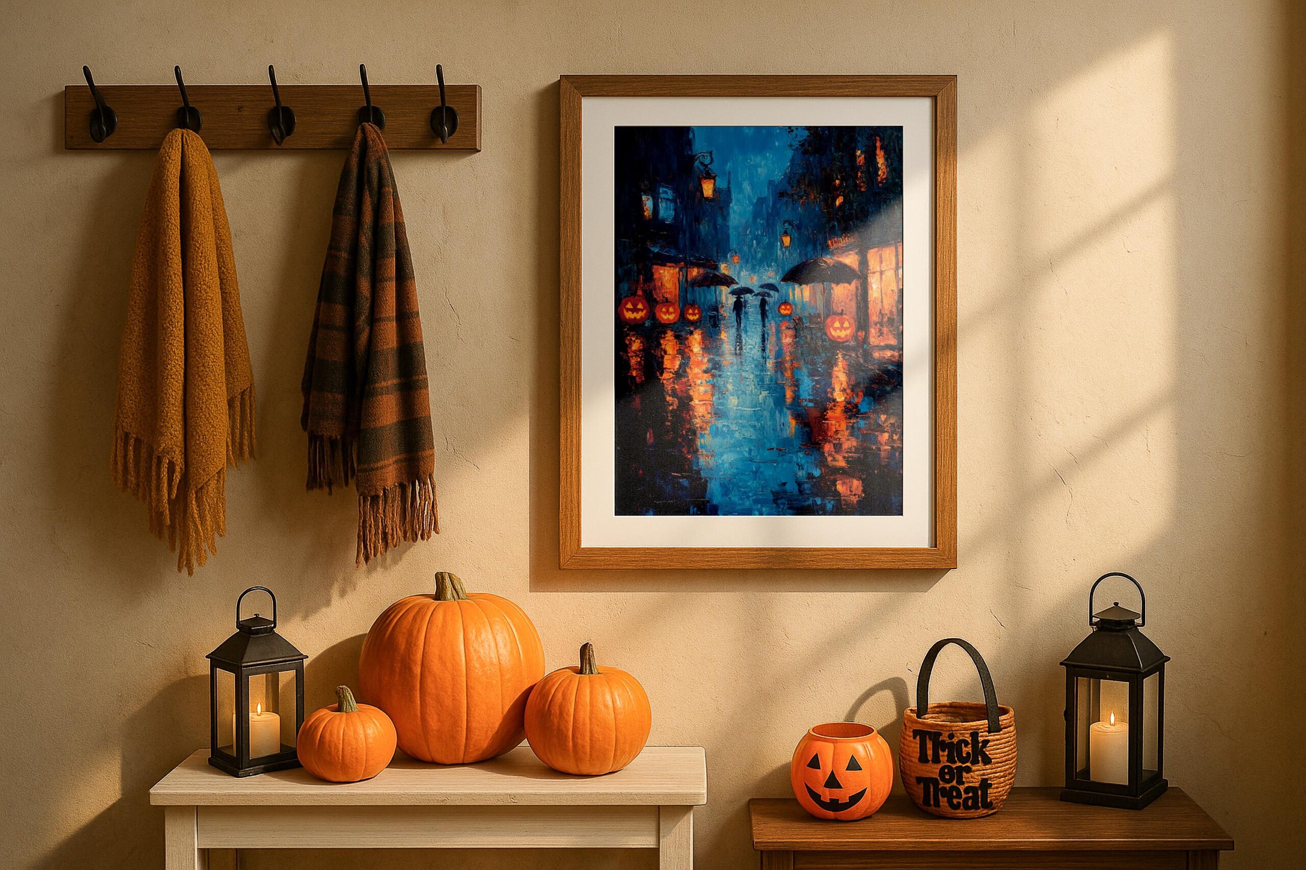 Rainy Halloween Street Wall Art, Glowing Pumpkin Print, Moody Autumn Decor - Image 10