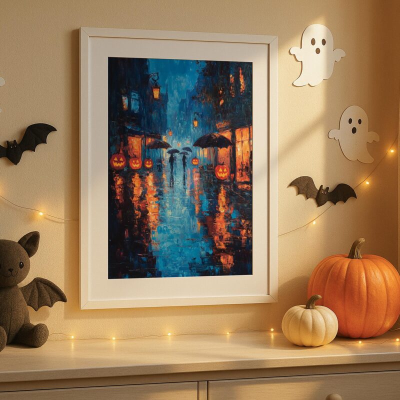 Rainy Halloween Street Wall Art, Glowing Pumpkin Print, Moody Autumn Decor