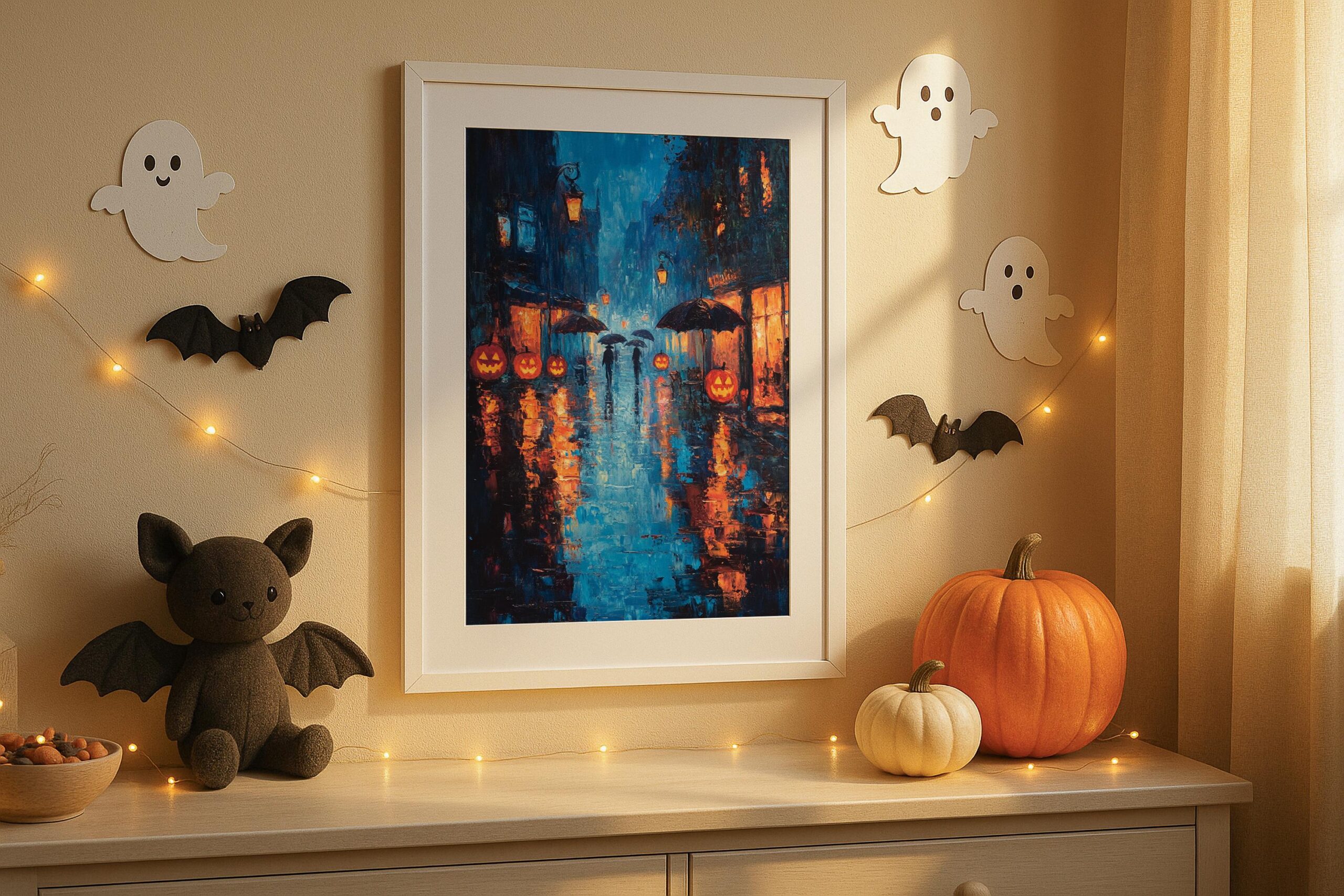 Rainy Halloween Street Wall Art, Glowing Pumpkin Print, Moody Autumn Decor