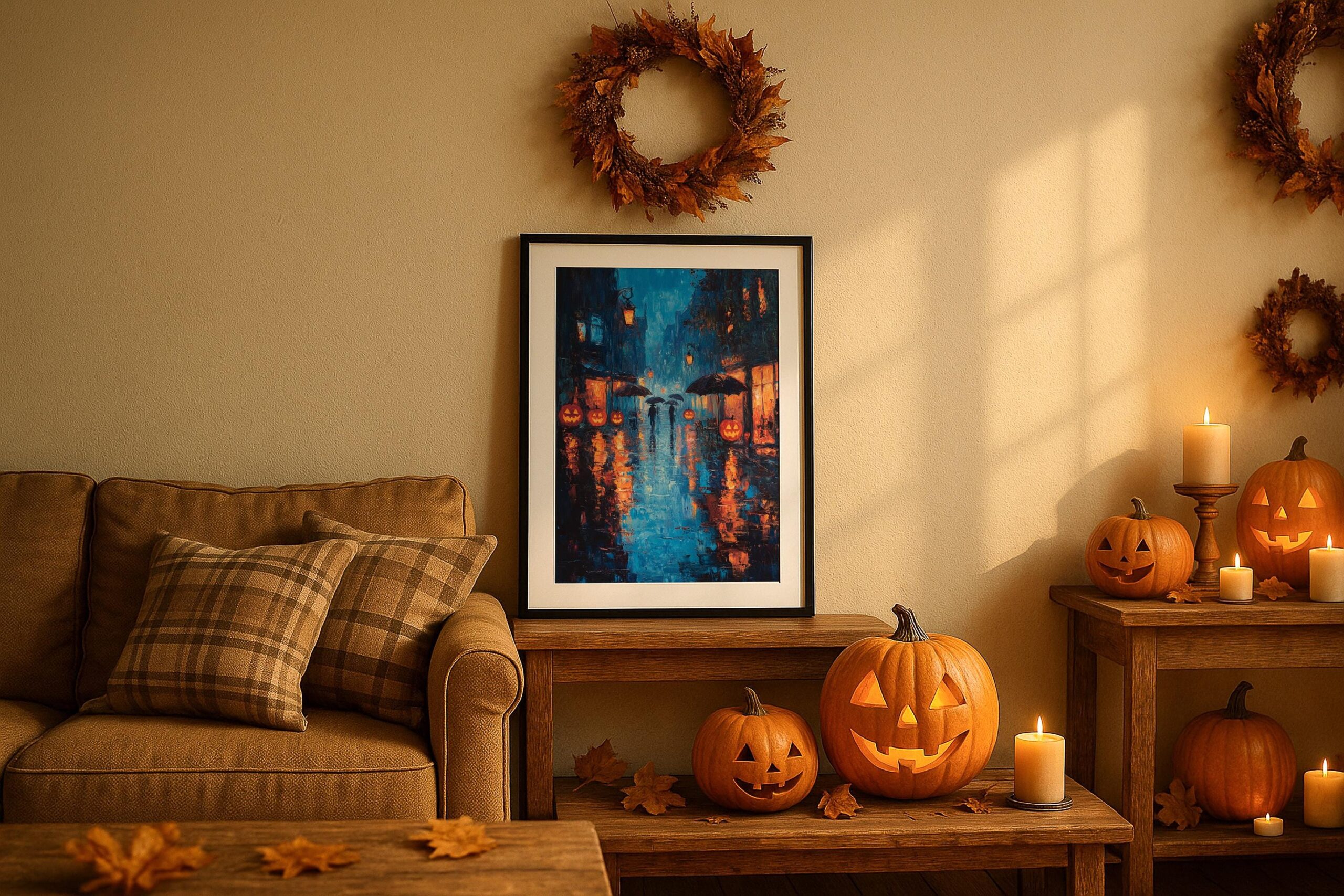 Rainy Halloween Street Wall Art, Glowing Pumpkin Print, Moody Autumn Decor - Image 2