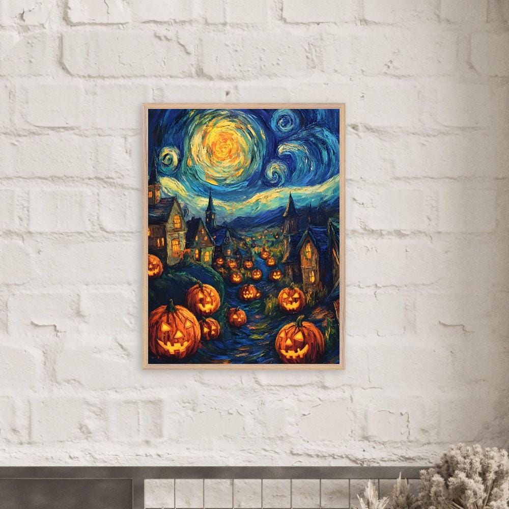 Halloween Village Wall Art, Starry Night Pumpkin Print, Spooky Autumn Decor - Image 3