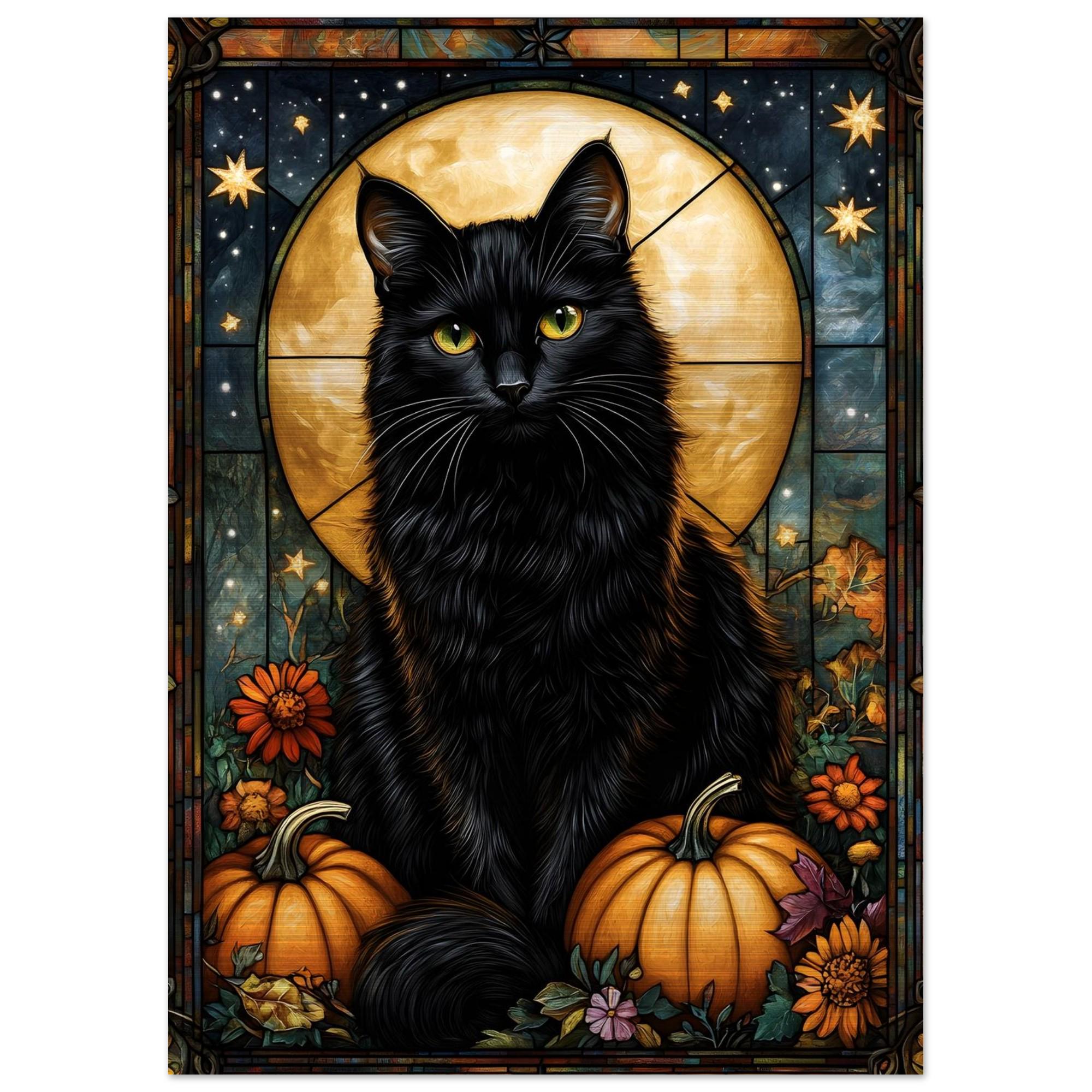 Black Cat Wall Art, Stained Glass Halloween Print, Mystical Pumpkin Decor - Image 9