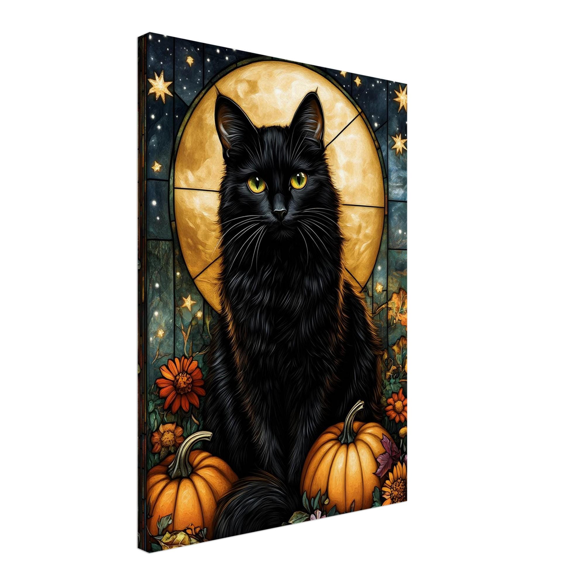 Black Cat Wall Art, Stained Glass Halloween Print, Mystical Pumpkin Decor - Image 3
