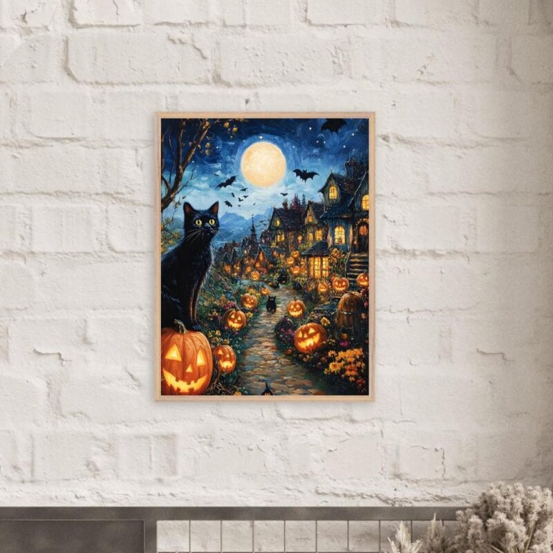 Halloween Village Wall Art, Black Cat Print, Glowing Pumpkin Decor