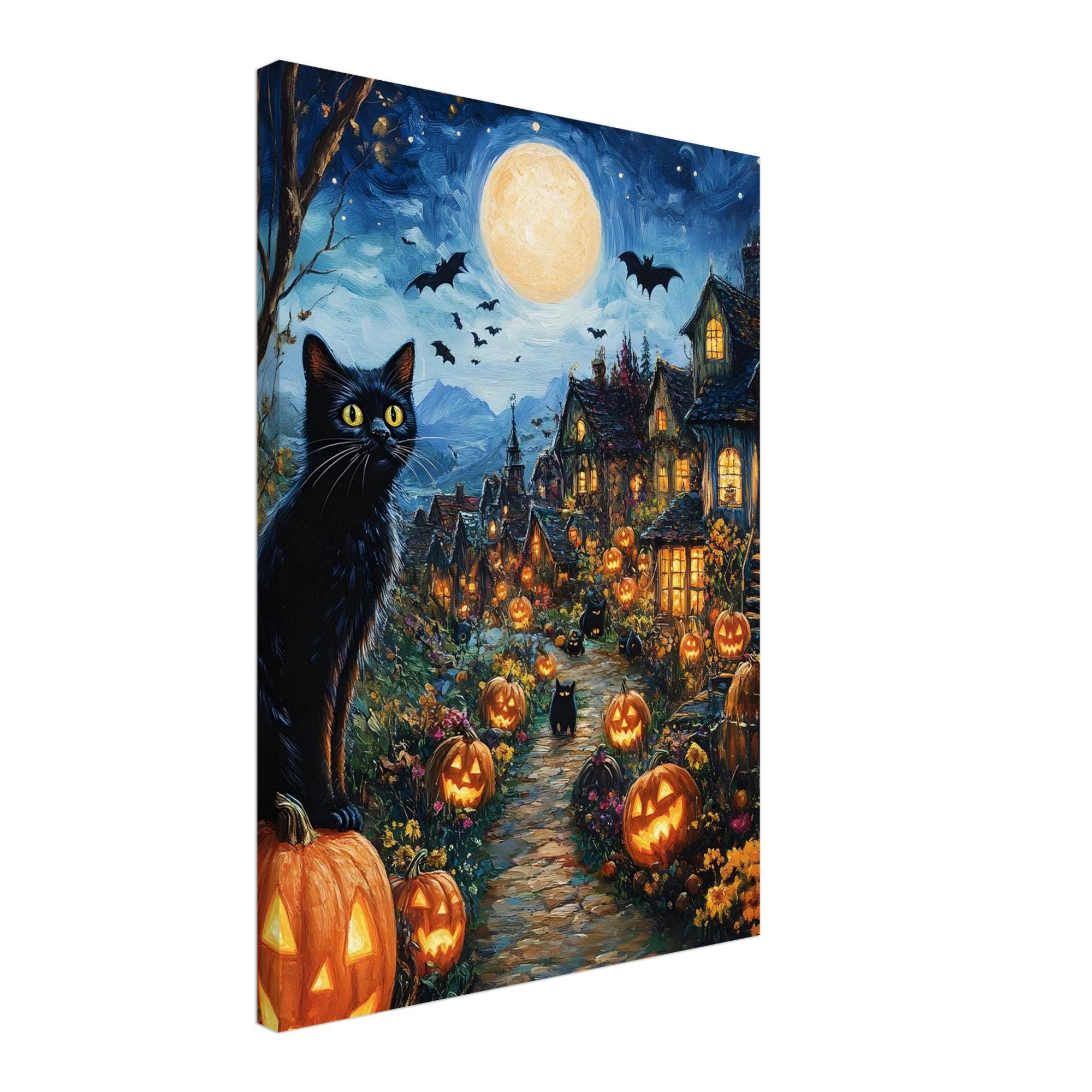 Halloween Village Wall Art, Black Cat Print, Glowing Pumpkin Decor - Image 3