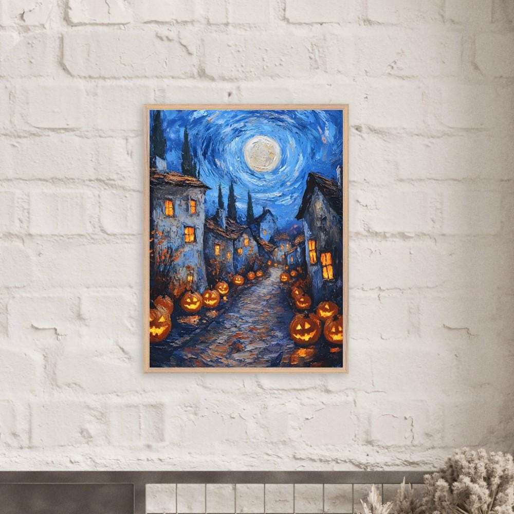 Halloween Village Wall Art, Swirling Moon Print, Glowing Pumpkin Decor - Image 2