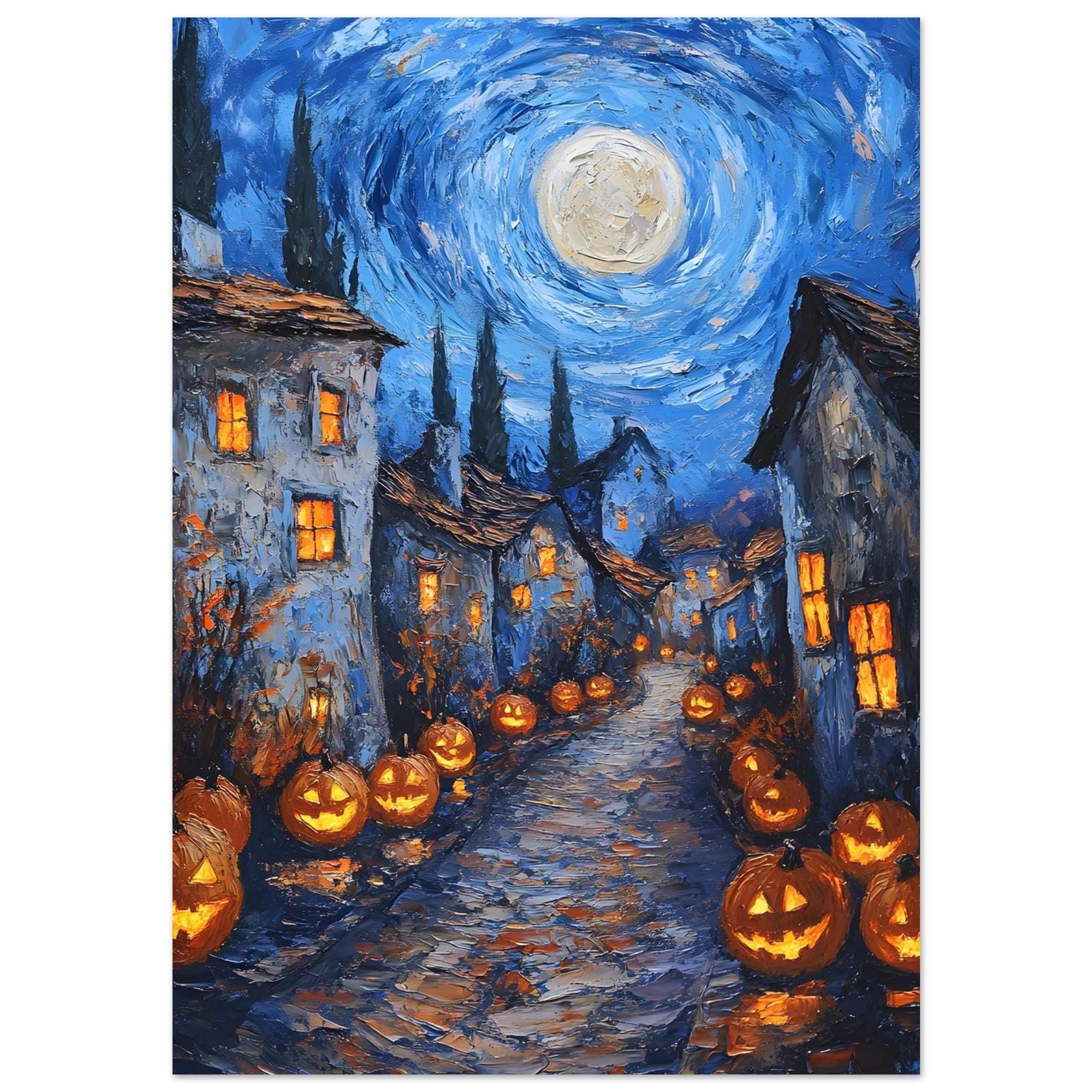 Halloween Village Wall Art, Swirling Moon Print, Glowing Pumpkin Decor - Image 10