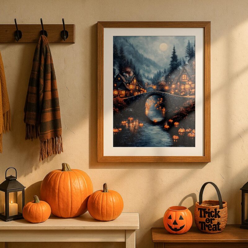 Halloween Village Wall Art, Glowing Pumpkin Print, Spooky Gothic Decor