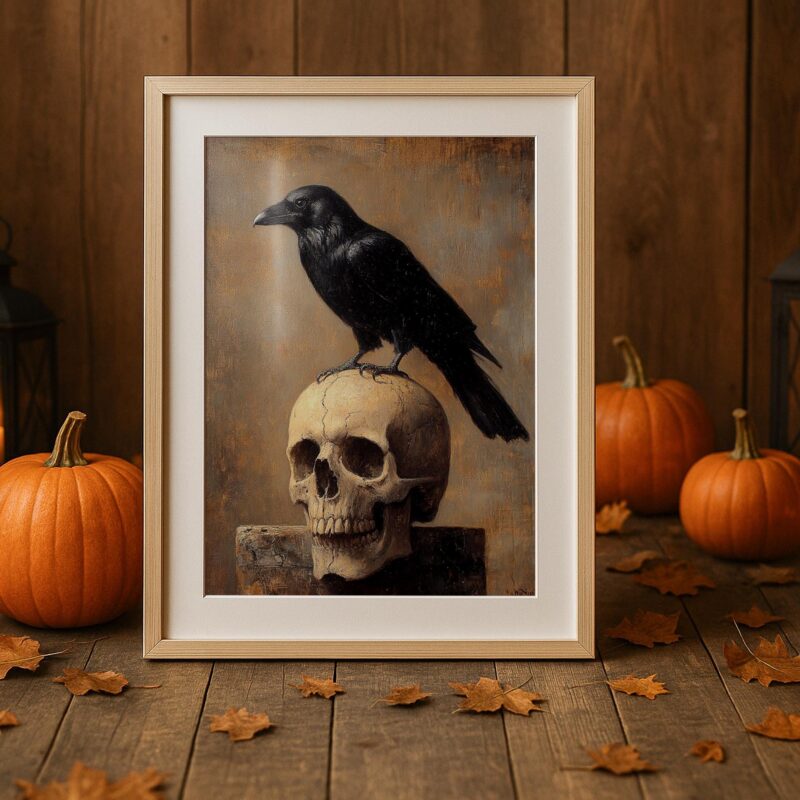 Raven Skull Wall Art, Gothic Bird Print, Dark Academia Decor