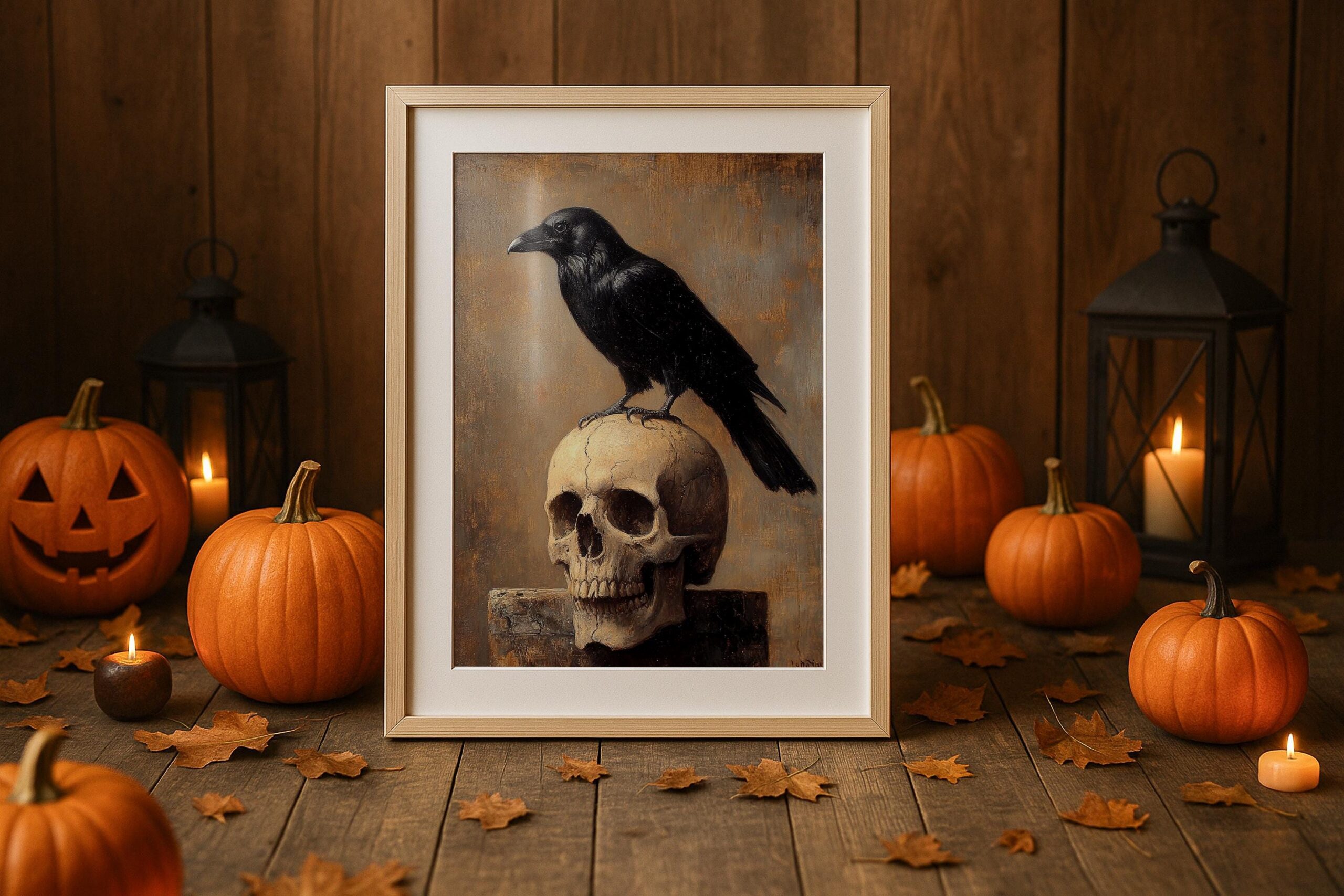 Raven Skull Wall Art, Gothic Bird Print, Dark Academia Decor