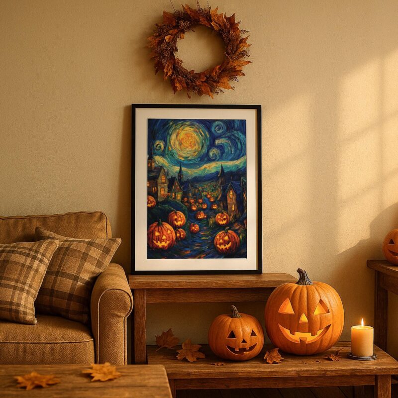 Halloween Village Wall Art, Starry Night Pumpkin Print, Spooky Autumn Decor