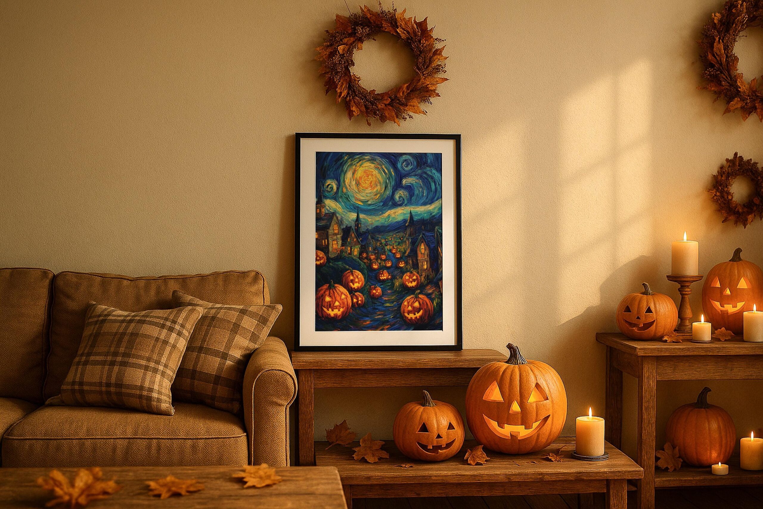 Halloween Village Wall Art, Starry Night Pumpkin Print, Spooky Autumn Decor