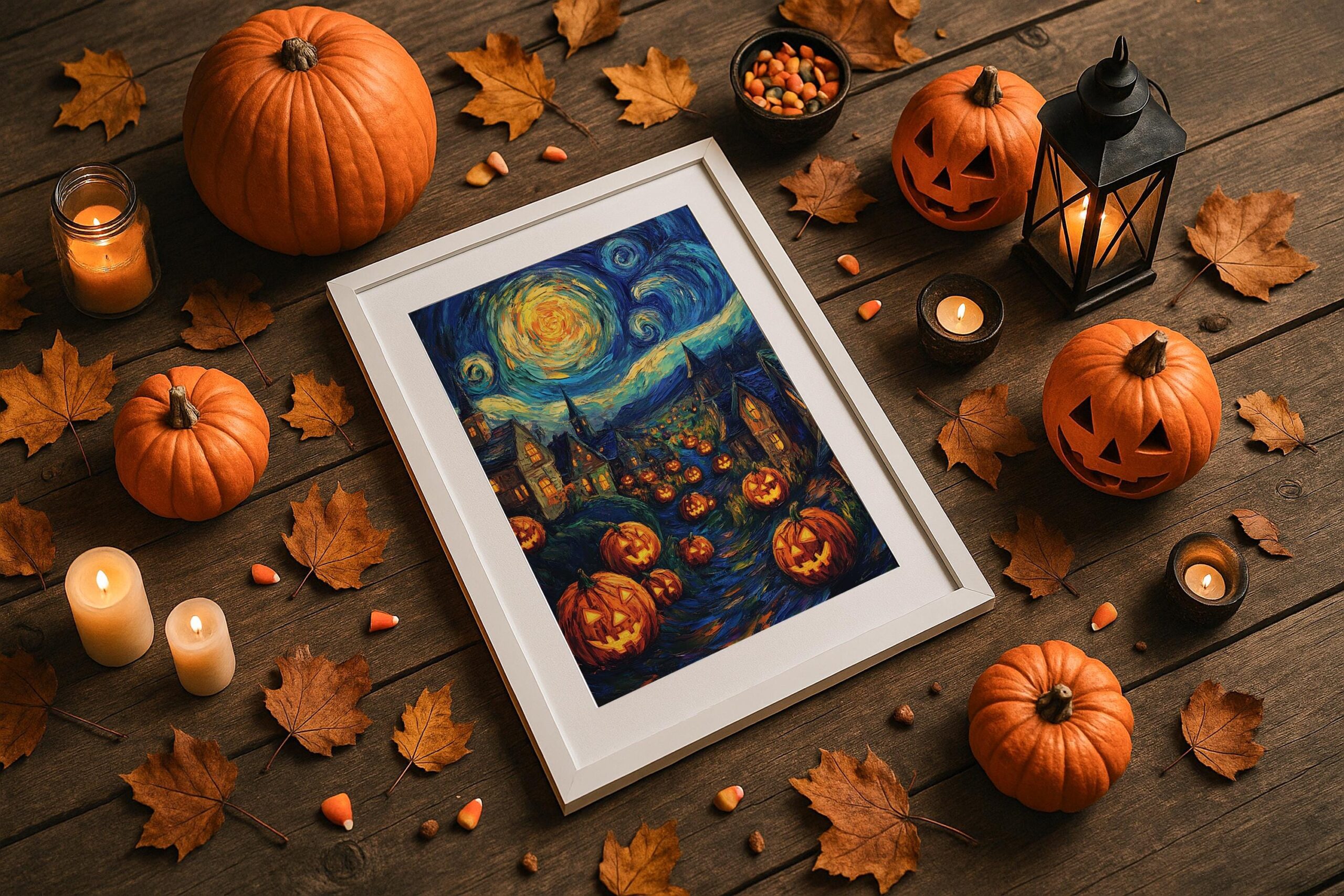 Halloween Village Wall Art, Starry Night Pumpkin Print, Spooky Autumn Decor - Image 2