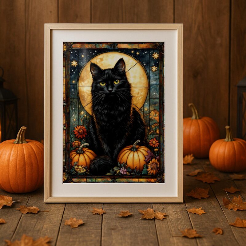 Black Cat Wall Art, Stained Glass Halloween Print, Mystical Pumpkin Decor