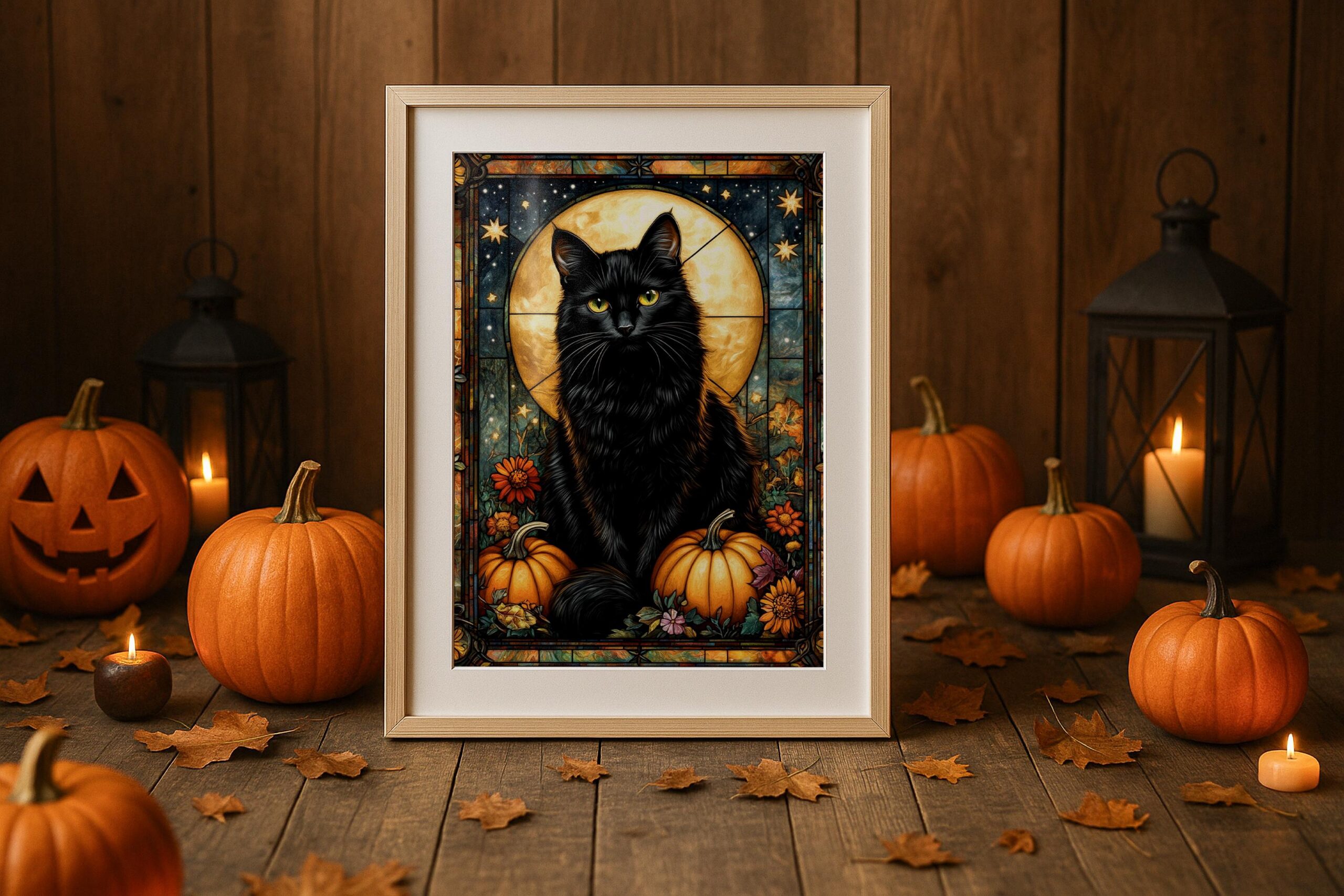 Black Cat Wall Art, Stained Glass Halloween Print, Mystical Pumpkin Decor