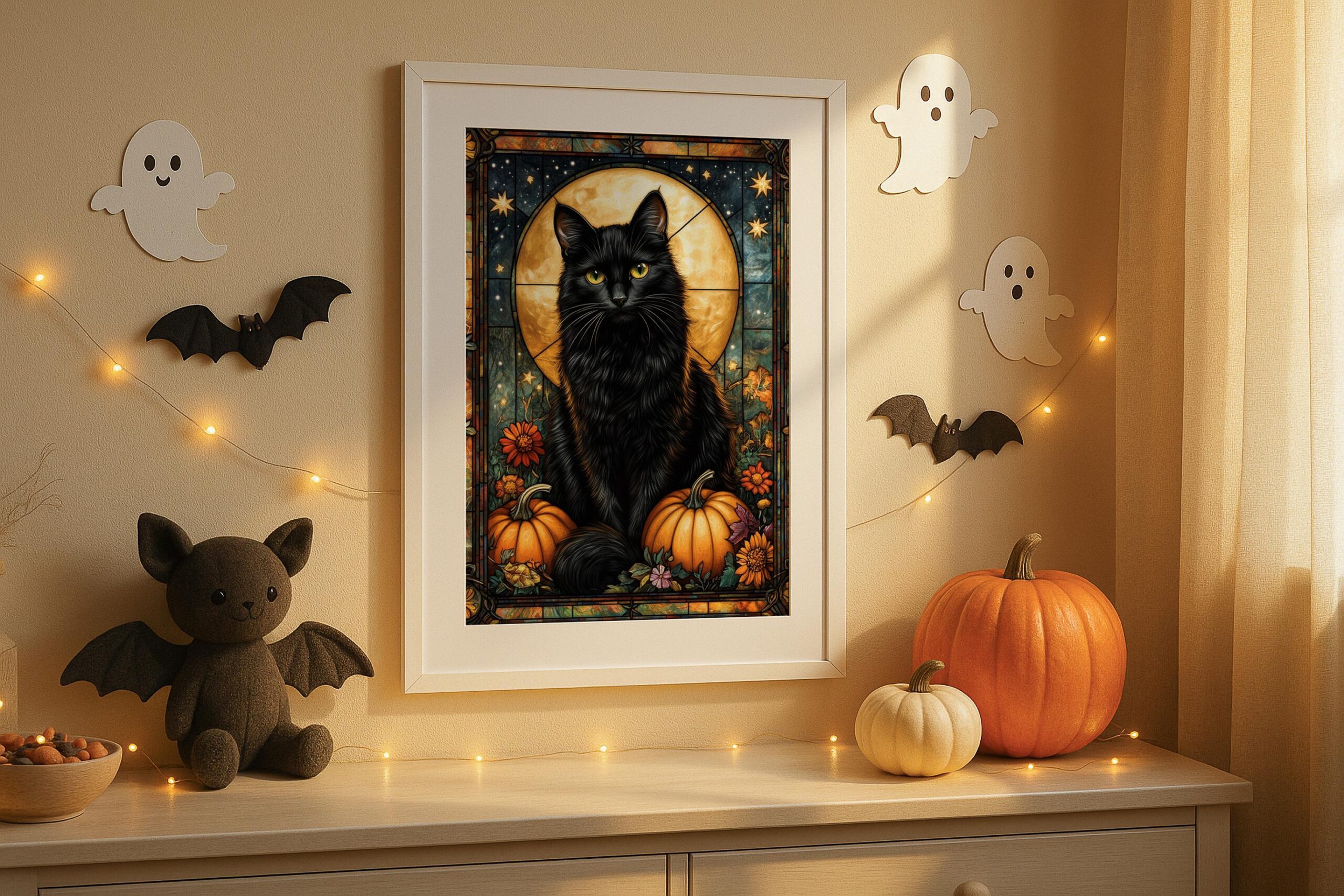 Black Cat Wall Art, Stained Glass Halloween Print, Mystical Pumpkin Decor - Image 8