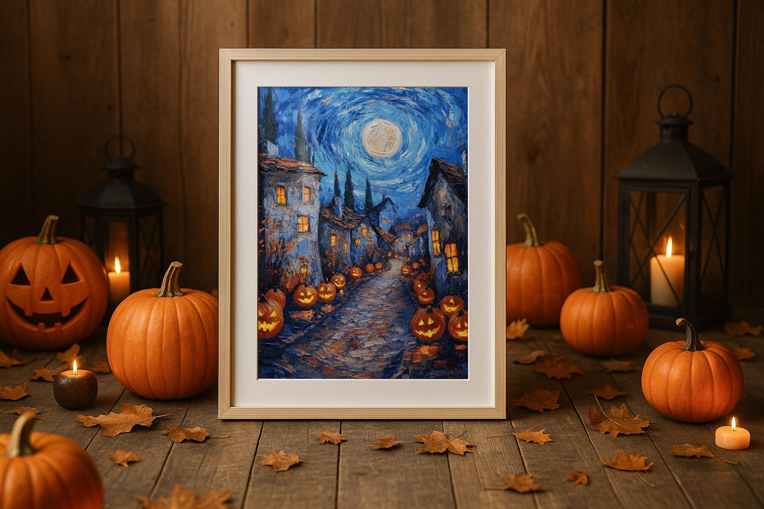 Halloween Village Wall Art, Swirling Moon Print, Glowing Pumpkin Decor - Image 7