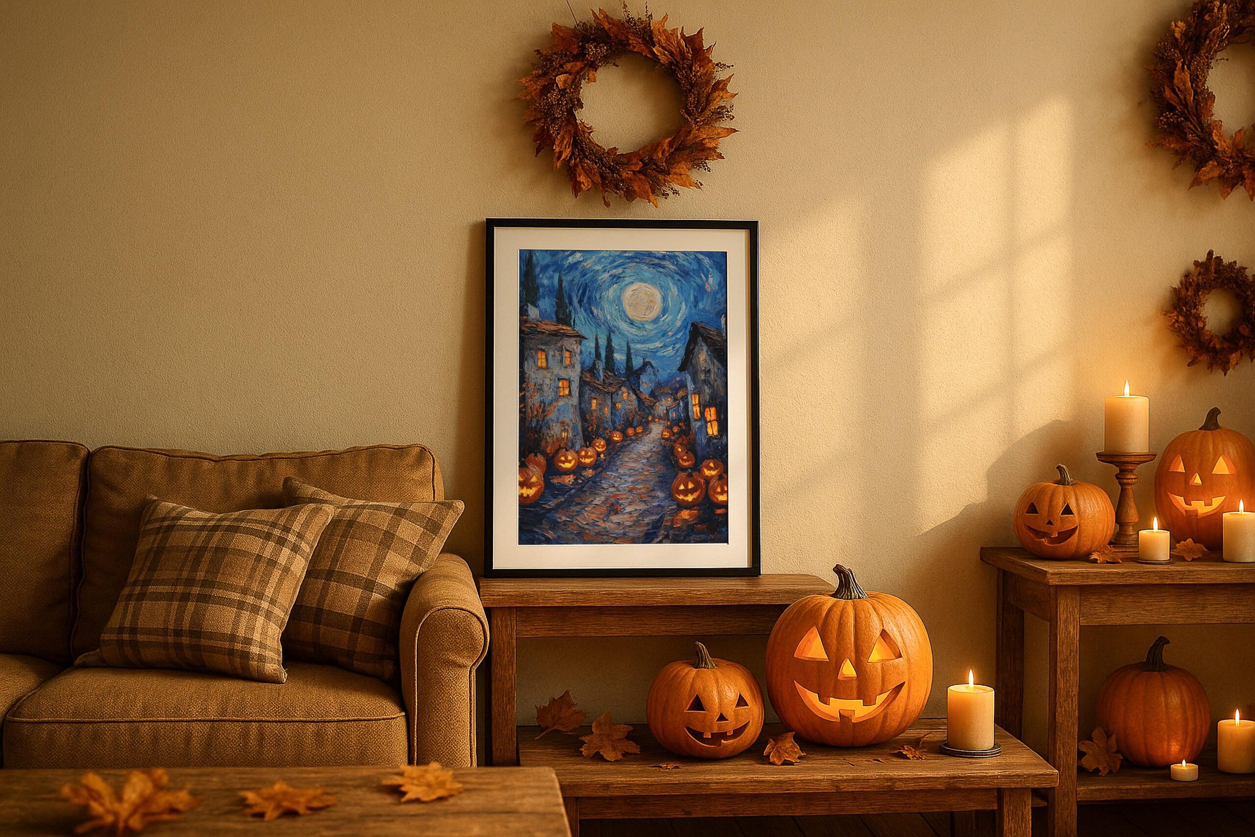 Halloween Village Wall Art, Swirling Moon Print, Glowing Pumpkin Decor - Image 8