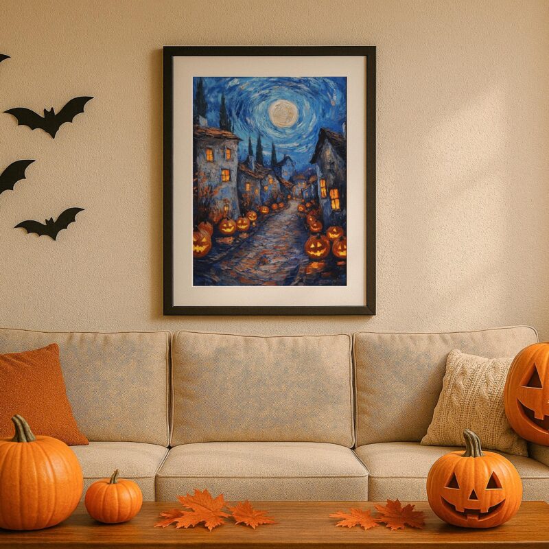 Halloween Village Wall Art, Swirling Moon Print, Glowing Pumpkin Decor