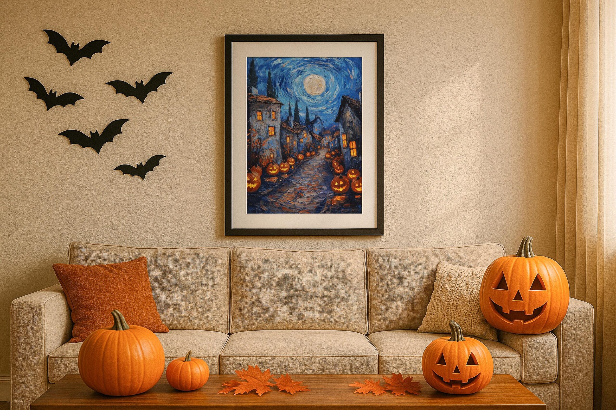 Halloween Village Wall Art, Swirling Moon Print, Glowing Pumpkin Decor